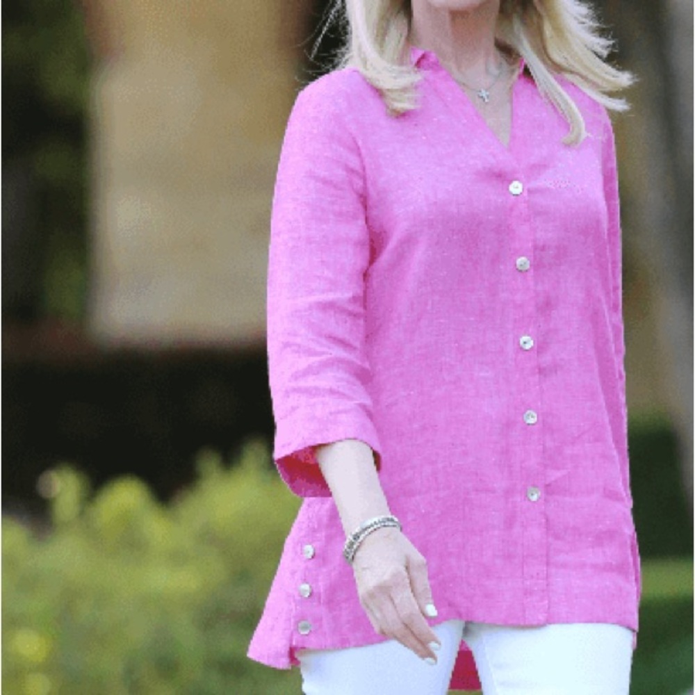 FoxCroft 100% Linen Pink Button Accent 3/4 Sleeve Lightweight Tunic Blouse Sz 6